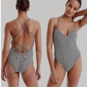 J.Crew Gingham One-Piece Swimsuit Black White Lace-Up Back Size 14